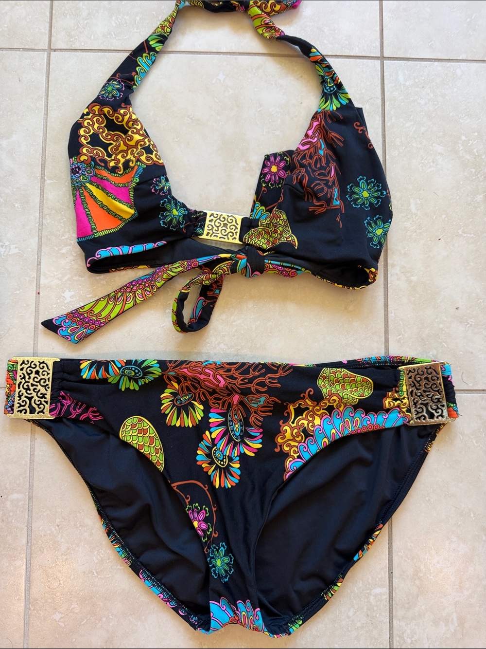 Trina Turk Black Bikini with Bright Multicolor Floral & Paisley Motif Size 12